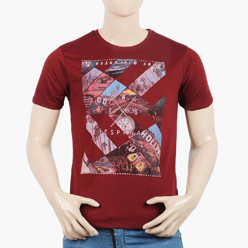 Casual Suits Men's Round Neck Half Sleeves Printed T-Shirt - Maroon