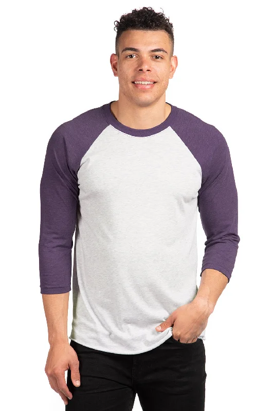 Layered Outfits Next Level Mens Jersey 3/4 Sleeve Crewneck T-Shirt - Heather White/Purple Rush