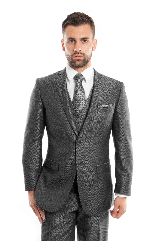 Suede Jackets D. Gray Textured Pattern 3-PC Slim Fit Performance Stretch Suits