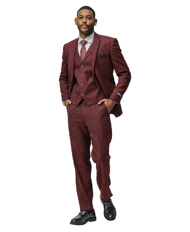 Modern Coats "Hybrid Fit" 3-Piece Tweed Suit with Notch Lapel by Sean Alexander - Burgundy