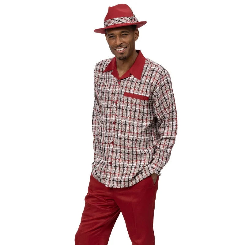 Rain Jackets Augustus Collection: Montique Brick Red Plaid Long Sleeve Walking Suit - 2453