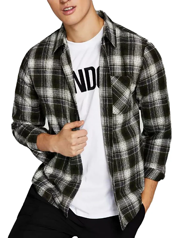 High-end Sneakers Mens Flannel Collared Button-Down Shirt