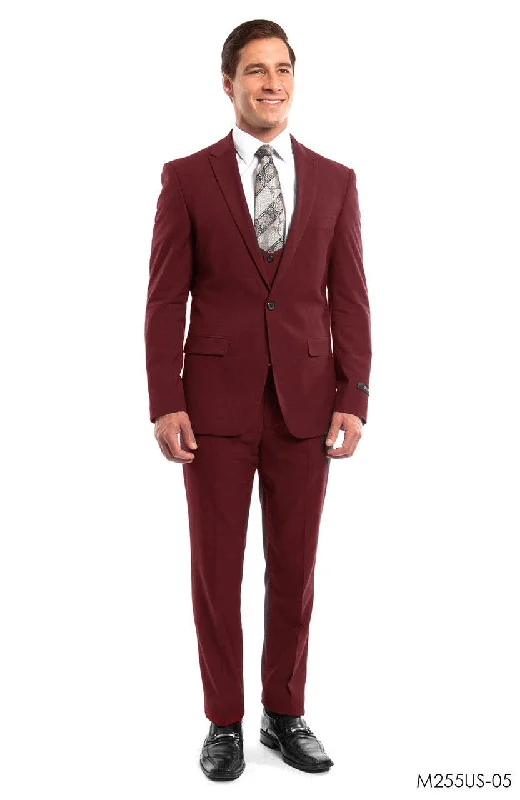 Fleece Jackets Cherry Red Solid 3-PC Ultra Slim Fit Suits