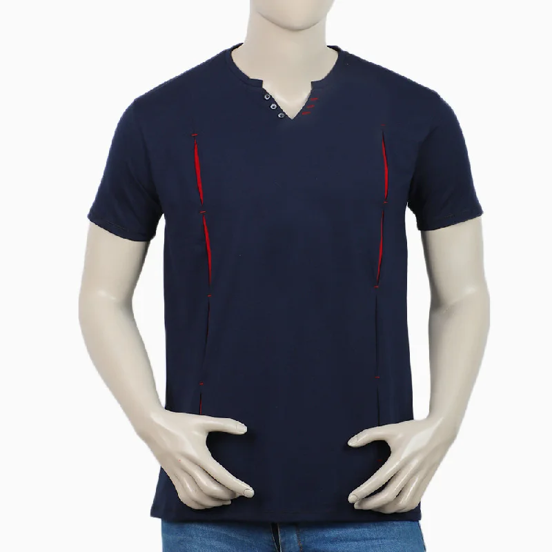 Classic Leather Men's Round Neck Half Sleeves T-Shirt - Navy Blue