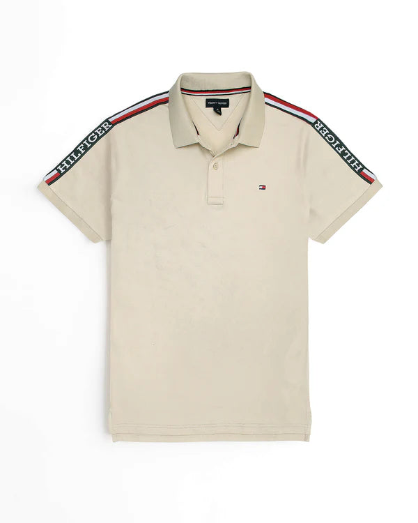 Funky Socks TM - Men 'Beige' Hilfiger Logo Stripe Polo TM882