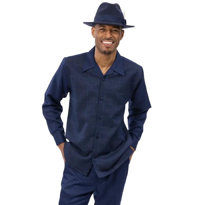 Dress Shoes Agilis Collection: Navy Checkered Pattern Long Sleeve Walking Suit - 2480