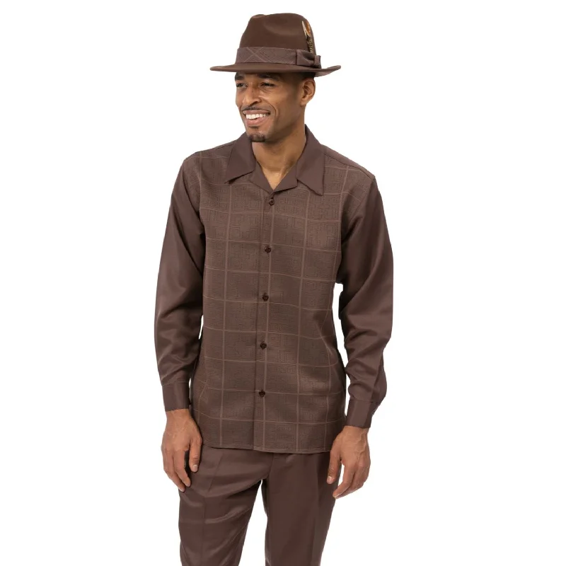 Quilted Jackets Agilis Collection: Brown Checkered Pattern Long Sleeve Walking Suit - 2480