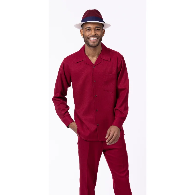 Printed Pants Foundation Collection: 2 Piece Solid Burgundy Long Sleeve Walking Suit Set 1641