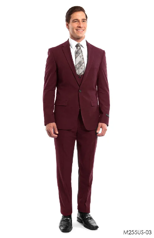 Stylish Hats Burgundy Solid 3-PC Ultra Slim Fit Suits