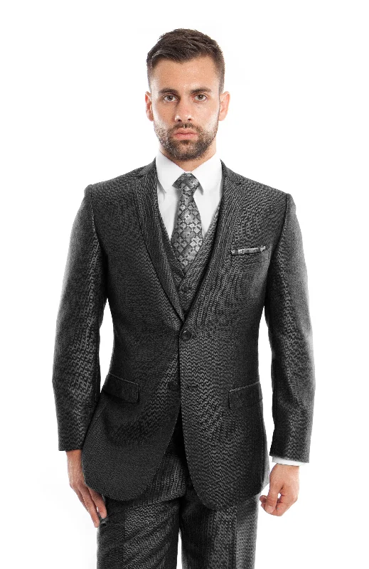 Sporty Blazers Black Textured Pattern 3-PC Slim Fit Performance Stretch Suits