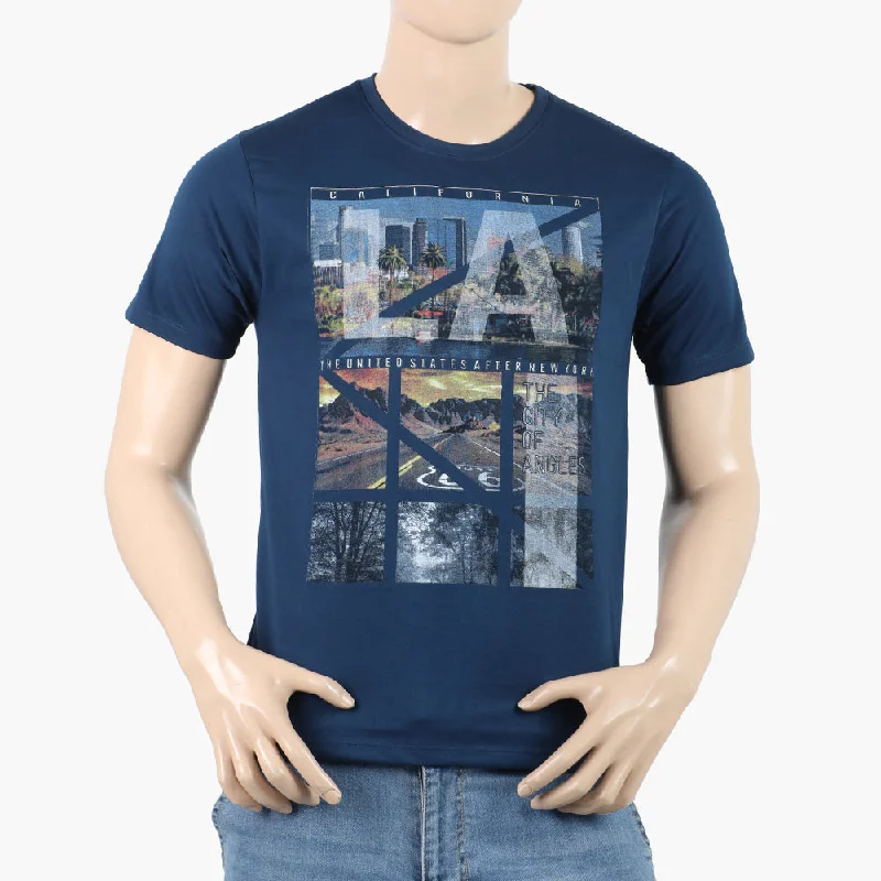 Street Denim Men's Round Neck Half Sleeves Printed T-Shirt - Dark Blue