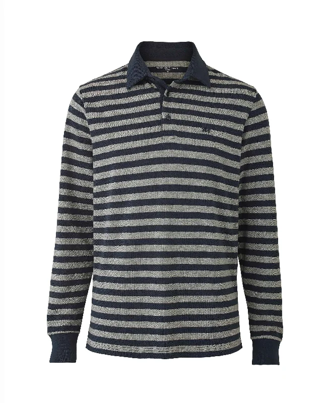 Layered Outfits Navy Grey Stripe Long Sleeve Polo Shirt