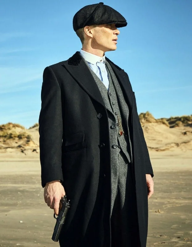 Street Graphic Tees Mens Costume Thomas Shelby Grey Vested Suit with Black Overcoat & Hat