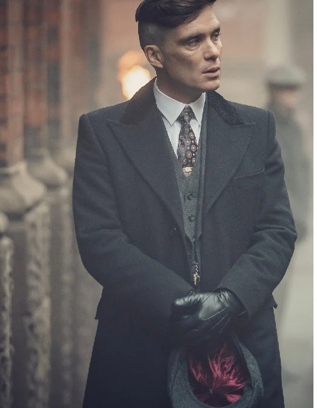 Preppy Style Mens Costume Thomas Shelby Vested Suit & Black Overcoat