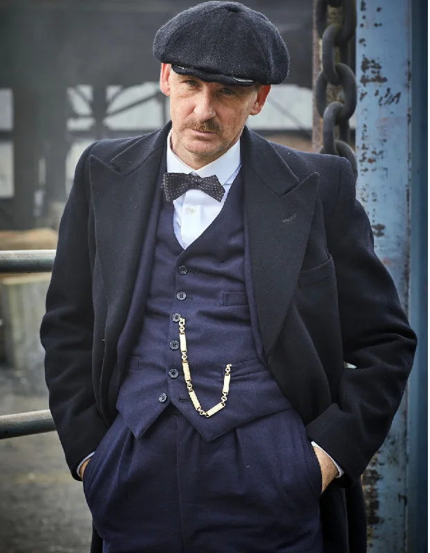 Street Boots Mens Costume Arthur Shelby Vested Navy Suit with Black Overcoat & Hat