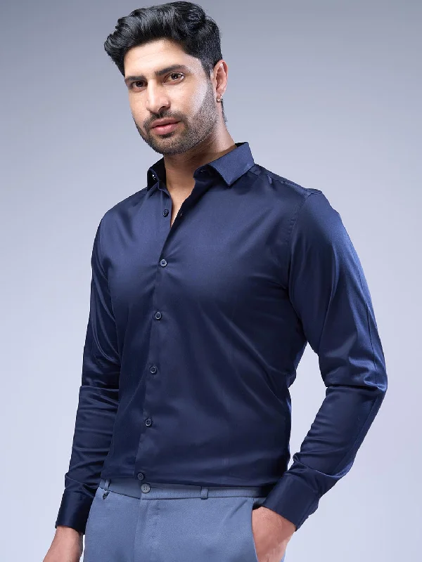 Summer Jackets Men Stretch Cotton Shirt Navy FS19