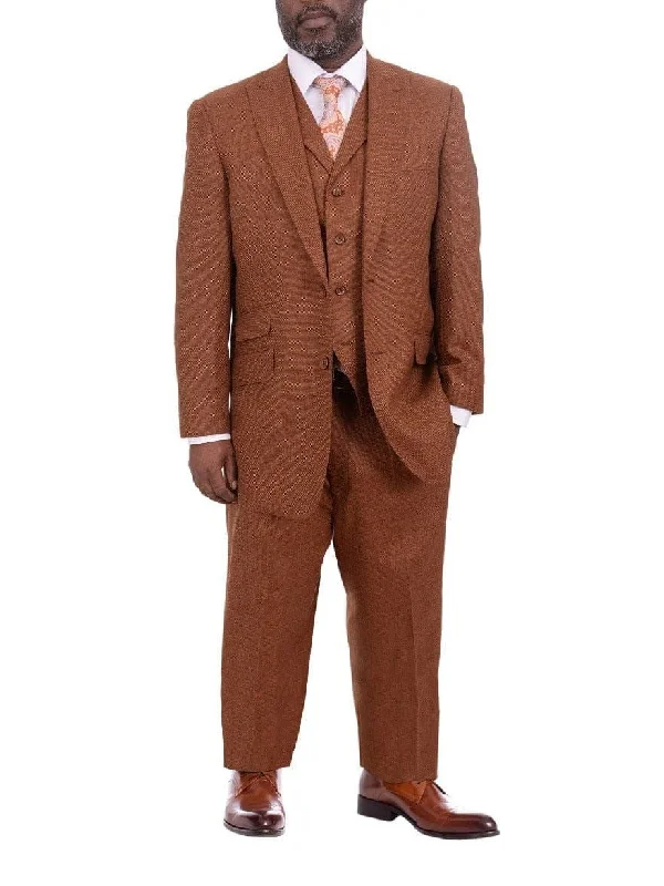 Denim Shirts Apollo King Classic Fit Rust Brown Check Three Piece Wool Suit With Peak Lapels