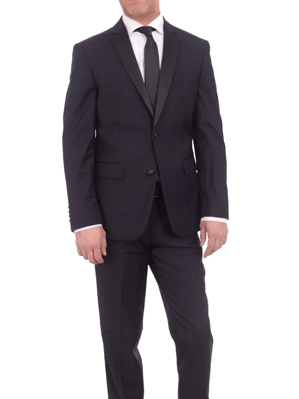 Bright Shirts Braveman Slim Fit Solid Navy Blue Two Button Tuxedo Suit With Black Satin Lapel