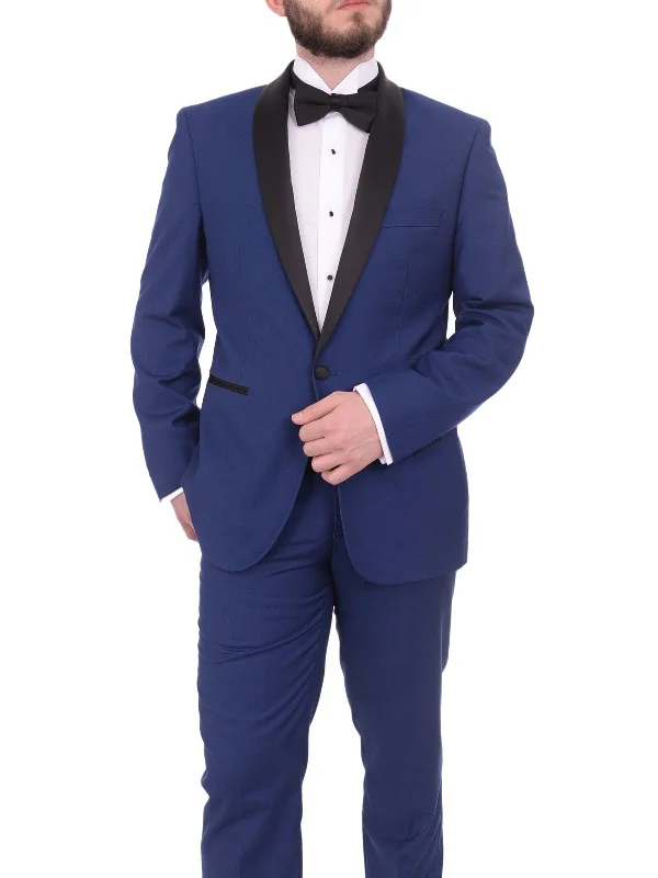 Slim-fit Trousers Gino Vitale Slim Fit Indigo Blue One Button Tuxedo Suit With Satin Shawl Lapel