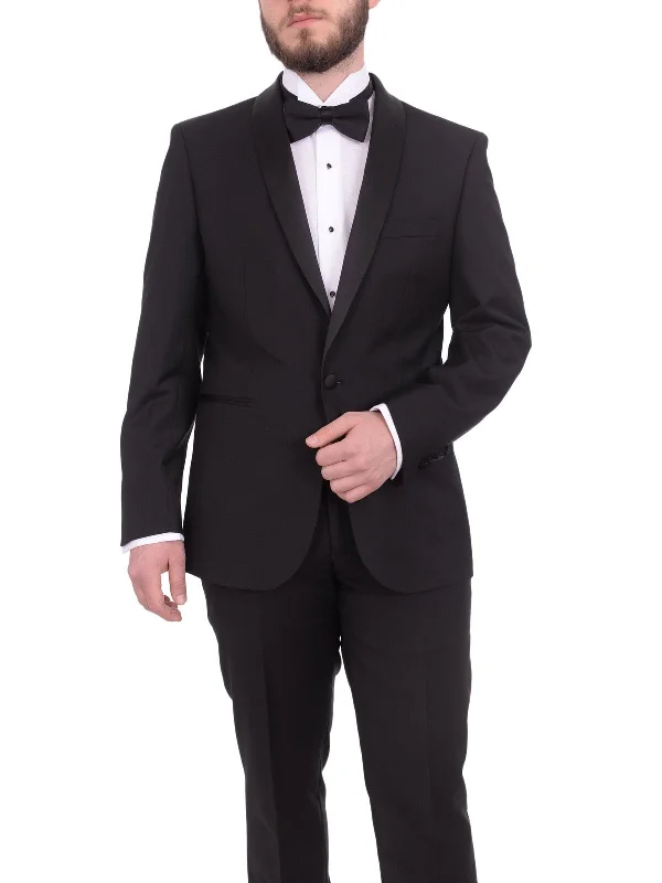 Leather Bags Gino Vitale Slim Fit Solid Black One Button Tuxedo Suit With Satin Shawl Lapels