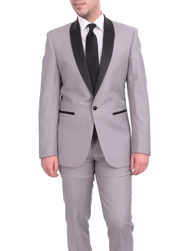 Winter Scarves Gino Vitale Slim Fit Solid Gray One Button Tuxedo Suit With Satin Shawl Lapels