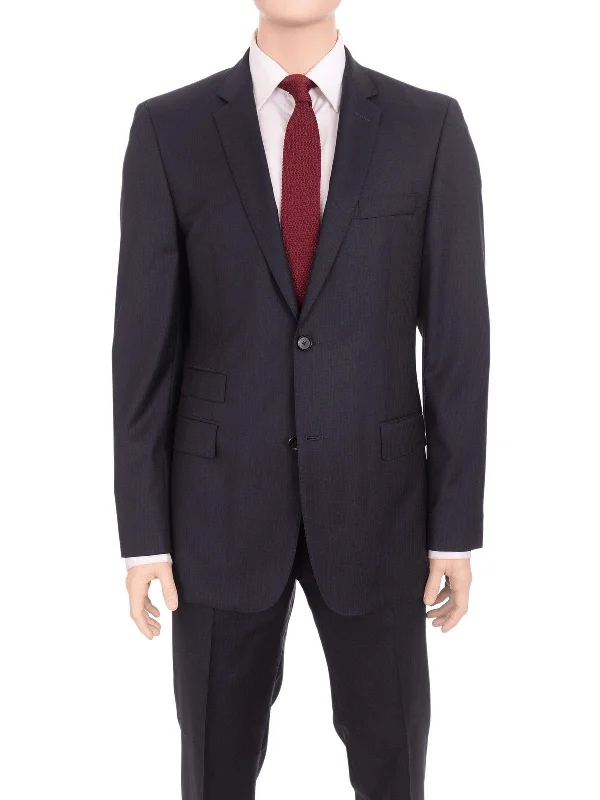 Dapper Suits Hugo Boss Edison1/power Classic Fit Navy Blue Tonal Herringbone Wool Suit