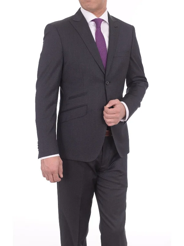 Track Pants Ideal Mens Slim Fit Solid Charcoal Gray Two Button Wool Suit With Peak Lapels