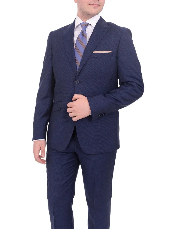 Classic Coats Ideal Slim Fit Blue Mini Check Two Button Wool Suit With Peak Lapels