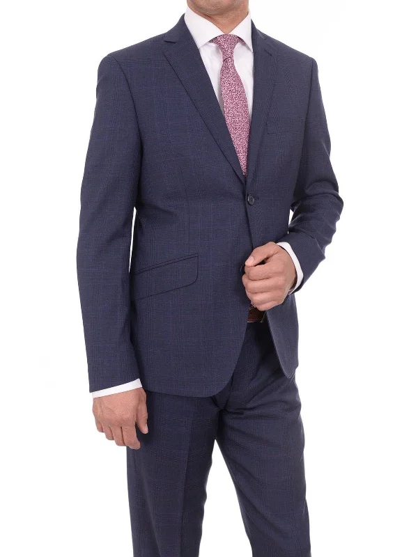 Printed Pants Ideal Slim Fit Navy Plaid With Subtle Overcheck Two Button Wool Suit