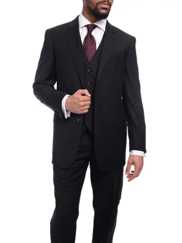 Hipster Style Men's Raphael Classic Fit Solid Black Two Button 3 Piece 100% Wool Vested Suit