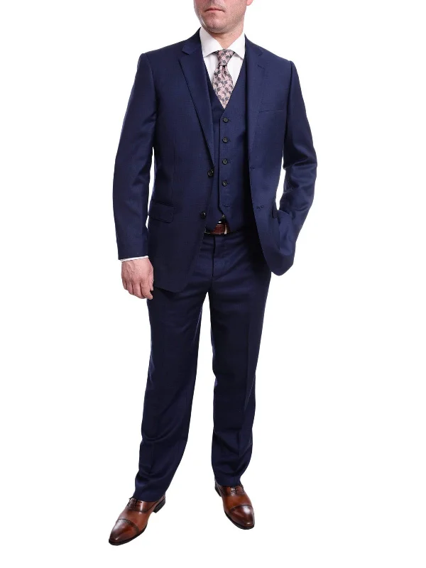 Warm Jackets Mens Raphael Classic Fit Solid Navy Blue 2 Button 3 Piece Wool Touch Vested Suit