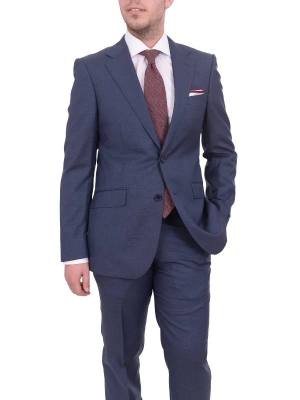 Warm Cardigans Mens Napoli Slim Fit Blue Textured Two Button Half Canvassed Marzotto Wool Suit