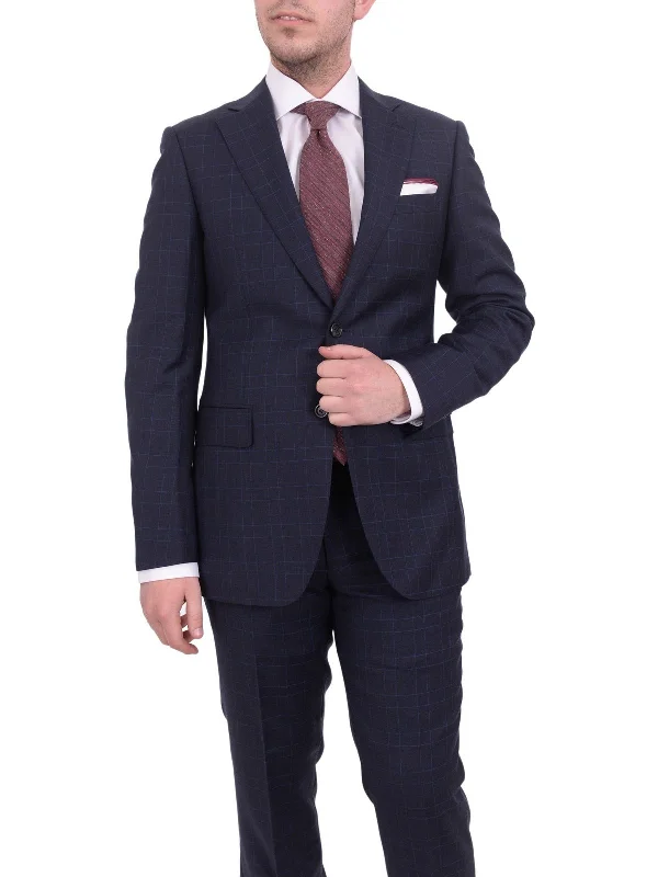 Sports Tights Mens Napoli Slim Fit Navy Blue Plaid Half Canvassed Super 150s Wool Suit