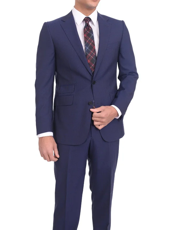 Casual Trousers Napoli Slim Fit Solid Navy Blue Two Button Half Canvassed Wool Suit